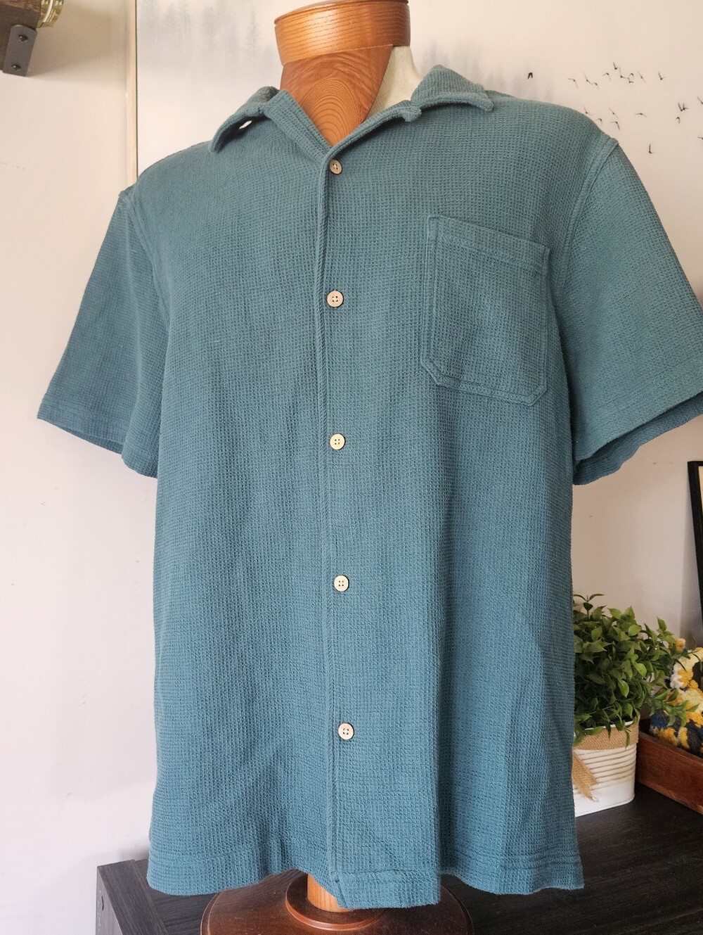 Earthbound Mens Short Sleeve Waffle Knit  ButtonUp Shirt Teal L Cabana Shirt
